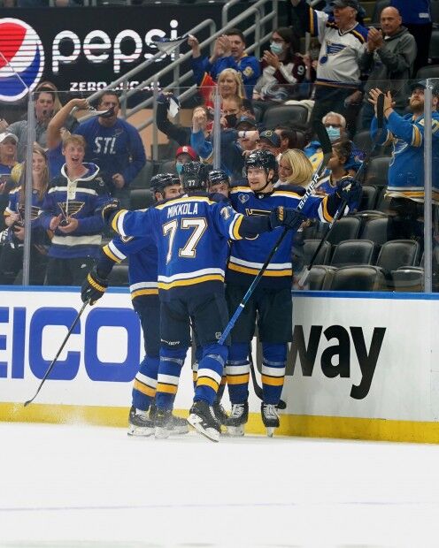 Blues Celebrate Goal (Parayko, Mikkola, O’Reilly)_LOU COUNTRYMAN PHOTO